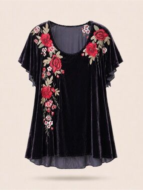 Johnny Was Velvet Tunic Top 2X Dark Purple  Embroidered High Low Boho Luxe